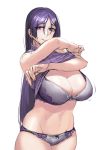  1girl absurdres bangs bare_shoulders bow bow_panties bra breasts cleavage clothes_lift curvy fate/grand_order fate_(series) highres knatb lace large_breasts long_hair looking_at_viewer midriff minamoto_no_raikou_(fate/grand_order) motherly navel panties parted_bangs pink_lips purple_bra purple_hair purple_panties ribbed_sweater sleeveless sleeveless_turtleneck sweater sweater_lift taking_off turtleneck turtleneck_sweater underwear very_long_hair violet_eyes 