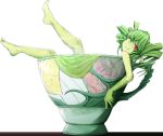  1girl ;) barefoot commentary cup green_hair green_skin in_container in_cup legs_up looking_at_viewer minigirl monster_girl_encyclopedia nanostar one_eye_closed pointy_ears red_eyes simple_background smile solo sylph_(monster_girl_encyclopedia) v white_background 