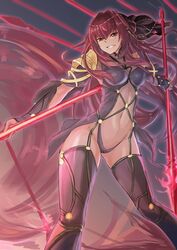  1girl absurdres bangs black_veil bodysuit breasts covered_navel dual_wielding fate/grand_order fate_(series) gae_bolg grin hair_between_eyes highres long_hair medium_breasts mochi_chuuyuu pauldrons polearm purple_hair red_eyes scathach_(fate/grand_order) smile solo spear thigh-highs veil weapon 