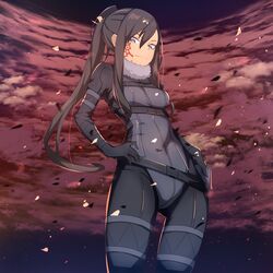  1girl ass_visible_through_thighs belt black_hair blue_eyes bodysuit breasts chest_strap clouds cowboy_shot facial_tattoo fur_trim hair_between_eyes hand_on_hip highres long_hair looking_at_viewer loose_belt medium_breasts pitohui_(sao) ponytail pouch sidelocks smile solo sword_art_online sword_art_online_alternative:_gun_gale_online tattoo thigh_strap very_long_hair wan_ban 