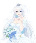  1girl alternate_costume azur_lane bare_shoulders blue_eyes bouquet breasts bridal_veil bride choker cleavage collarbone commentary_request cowboy_shot crown dress earrings enterprise_(azur_lane) eyebrows_visible_through_hair eyelashes fingernails floating_hair flower hand_up highres holding holding_bouquet jewelry layered_dress looking_at_viewer medium_breasts mini_crown neck_garter necklace open_mouth pendant ribbon ring rose shichijou_natori silver_hair smile solo sparkle tiara veil wedding_dress wedding_ring white_dress white_flower white_rose 