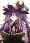 1girl blue_eyes blue_ribbon book breasts cleavage commentary_request crescent crescent_hair_ornament dress eyebrows_visible_through_hair eyes_visible_through_hair hair_ornament hair_ribbon hat hat_ribbon highres holding holding_book long_hair long_sleeves looking_at_viewer maho_moco messy_hair mob_cap neck_ribbon patchouli_knowledge purple_dress purple_hair purple_hat red_neckwear red_ribbon ribbon sidelocks simple_background solo striped touhou upper_body vertical-striped_dress vertical_stripes white_background wing_collar 