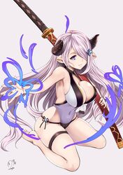  1girl baicha barefoot black_horns blue_eyes breasts cleavage commentary_request covered_navel draph granblue_fantasy hair_over_one_eye highres horns katana large_breasts lavender_background lavender_hair long_hair looking_at_viewer narmaya_(granblue_fantasy) pointy_ears signature simple_background sitting sleeveless solo sword very_long_hair wariza weapon 