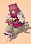  1other bear black_eyes dog_tags guitar instrument jacket jewelry looking_at_viewer music necklace no_humans original pants pink_background playing_instrument pomodorosa shadow sitting slippers united_states 