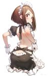  1girl :o alternate_costume apron ass back backless_outfit bare_back black_bow blush boku_no_hero_academia bow breasts brown_eyes butt_crack cropped_legs eyebrows frilled_skirt frilled_sleeves frills gloves hakura_kusa looking_at_viewer looking_back maid maid_apron maid_headdress open_mouth puffy_short_sleeves puffy_sleeves short_hair short_sleeves signature simple_background skirt uraraka_ochako white_background 