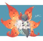  blue_background blue_eyes commentary_request dated egg full_body gen_5_pokemon hideko_(l33l3b) highres pokemon pokemon_(creature) signature simple_background solo volcarona wings 