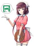  1girl absurdres bangs blend_s blunt_bangs brown_hair check_commentary commentary_request eyebrows_visible_through_hair gloves head_scarf highres holding holding_tray looking_at_viewer low_twintails pig puffy_short_sleeves puffy_sleeves sakuranomiya_maika short_sleeves solo speech_bubble stile_uniform tamusuguru thigh-highs tray twintails violet_eyes waitress white_background white_gloves white_legwear 