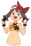  1girl :d alternate_costume bandanna bangs bare_shoulders bikini blue_eyes brown_hair clenched_hands eyebrows eyebrows_visible_through_hair eyelashes floral_print gloves groin hair_between_eyes hands_up haruka_(pokemon) highres long_hair multicolored multicolored_bikini multicolored_clothes multicolored_gloves nyonn24 open_mouth poke_ball_theme pokemon pokemon_(game) pokemon_rse pokemon_sm simple_background smile solo swimsuit white_background 