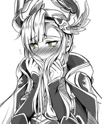  1girl bangs blush cape commentary_request embarrassed eyebrows_visible_through_hair eyes_visible_through_hair flying_sweatdrops gloves granblue_fantasy green_eyes greyscale long_hair long_sleeves looking_away monochrome nose_blush sanmotogoroo solo song_(granblue_fantasy) spot_color upper_body 