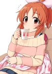  /\/\/\ abe_nana bangs blanket bow cup eyebrows_visible_through_hair hair_bow idolmaster idolmaster_cinderella_girls long_sleeves looking_at_viewer mug omaru_gyuunyuu orange_eyes orange_hair pleated_skirt ponytail simple_background sitting skirt solo sweater white_background 