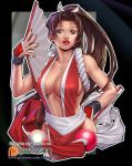  1girl breasts brown_eyes brown_hair cleavage fan fatal_fury folding_fan hand_on_hip high_ponytail holding holding_fan japanese_clothes large_breasts ninja obi pelvic_curtain ponytail red_lips revealing_clothes rope sash shiranui_mai sideboob the_king_of_fighters upper_body wrist_guards xong 
