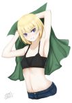  1girl absurdres armpits arms_up black_bra blonde_hair blue_eyes bra breasts denim eyebrows_visible_through_hair highres looking_at_viewer navel open_mouth original short_hair signature simple_background small_breasts solo underwear viktorf white_background 