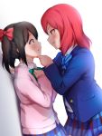  10s 2girls black_hair blazer blue_neckwear blush bow bowtie clenched_hand commentary_request eye_contact face-to-face green_neckwear hair_bow hand_on_another&#039;s_chin hand_on_own_chest highres ichiban_no_yagi jacket long_sleeves looking_at_another love_live! love_live!_school_idol_project medium_hair miniskirt multiple_girls nishikino_maki otonokizaka_school_uniform parted_lips pink_cardigan plaid plaid_skirt pleated_skirt red_bow redhead skirt smile striped_neckwear sweatdrop twintails wall_slam white_background yazawa_nico yuri 