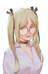  1girl bangs bespectacled black_ribbon blonde_hair breasts buttons choker dead_or_alive ears_visible_through_hair eyebrows_visible_through_hair glasses grin hair_ribbon highres looking_at_viewer marie_rose parted_lips purple_shirt ribbon round_eyewear shirt smile solo tim_loechner twintails 