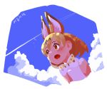  1girl :o animal_ears blue_sky blush bow bowtie clouds commentary_request condensation_trail day extra_ears kemono_friends looking_away orange_eyes orange_hair outdoors print_neckwear roonhee serval_(kemono_friends) serval_ears serval_print short_hair sky solo upper_body 