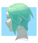  1other androgynous artist_request blue_background colored_eyelashes face green_eyes green_hair highres houseki_no_kuni looking_at_viewer looking_back phosphophyllite profile short_hair solo 