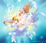  2girls angel angel_wings blonde_hair blue_background blush boots bow bowtie brown_hair closed_mouth commentary_request copyright_request dress feathered_wings feathers floating_hair grey_eyes kuga_tsukasa long_hair looking_at_viewer multiple_girls pinky_swear puffy_short_sleeves puffy_sleeves short_sleeves smile twintails white_dress white_footwear white_neckwear white_wings wings 