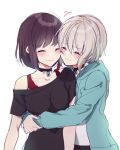  aoba_moka bang_dream! black_hair black_pants black_shirt blue_jacket blush chocker closed_eyes happy hug jacket mitake_ran mizukikushou pants red_tank_top redhead shirt smile waist_hug white_hair white_shirt 