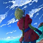  1boy blonde_hair blue_gloves blue_sky clouds cowboy_shot day dragon_quest dragon_quest_vii facing_away from_behind gloves haru_hikoya kiefer ocean outdoors puffy_short_sleeves puffy_sleeves short_sleeves signature sky solo sword sword_behind_back water weapon 