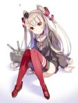  1girl amatsukaze_(kantai_collection) arm_support bangs black_shirt collarbone eyebrows_visible_through_hair full_body hair_between_eyes hair_tubes head_tilt kantai_collection long_hair looking_at_viewer red_legwear rensouhou-kun shiny shiny_clothes shiny_hair shirt silver_hair simple_background sitting smile solo thigh-highs very_long_hair white_background yellow_eyes yusano 
