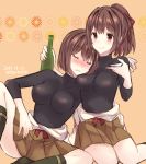  2girls black_legwear black_shirt bottle brown_eyes brown_hair brown_hakama closed_eyes dated drunk feet_out_of_frame hair_ribbon hakama hakama_skirt head_on_another&#039;s_shoulder ise_(kantai_collection) japanese_clothes kabocha_torute kantai_collection multiple_girls nontraditional_miko orange_background ponytail ribbon shirt short_hair sitting socks twitter_username undershirt 