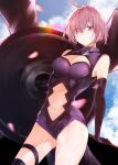 1girl ahoge bare_shoulders belly_button blue_sky breasts closed_mouth commentary contrapposto elbow_gloves eyes_visible_through_hair fate/grand_order fate_(series) gloves hair_over_one_eye highres hplay large_breasts leotard mash_kyrielight navel navel_cutout outdoors pink_eyes pink_hair purple_gloves purple_leotard shield short_hair sky solo standing 