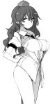  1girl arm_at_side bangs between_breasts breasts cleavage collared_shirt commentary_request eyebrows_visible_through_hair greyscale hand_on_hip hat himekaidou_hatate kamukamu_(ars) large_breasts long_hair looking_at_viewer monochrome necktie necktie_between_breasts no_bra no_pants panties pointy_ears puffy_short_sleeves puffy_sleeves shirt short_sleeves simple_background solo standing tokin_hat touhou underwear white_background wing_collar 