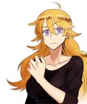  1girl ahoge blonde_hair casual kuroda_(nanchara_flight) lavender_eyes long_hair looking_at_viewer raised_eyebrows rwby solo upper_body violet_eyes white_background yang_xiao_long 