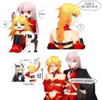  3girls ? alternate_hairstyle artoria_pendragon_(all) artoria_pendragon_(lancer_alter) bandage_over_one_eye blonde_hair blush braid breasts cleavage commentary_request crossed_arms fang fate/grand_order fate_(series) florence_nightingale_(fate/grand_order) flower green_eyes hair_brushing hair_down highres hochikass horns korean korean_commentary long_braid mordred_(fate) mordred_(fate)_(all) multiple_girls navel open_mouth pink_hair red_eyes single_braid spoken_question_mark translation_request white_background 