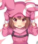  1girl animal_ears animal_hat arms_up bangs blush brown_hair bunny_hat commentary_request eyebrows_visible_through_hair gloves hair_between_eyes hands_on_headwear hat jacket llenn_(sao) looking_at_viewer omuretsu open_mouth pink_gloves pink_hat pink_jacket rabbit_ears signature solo sword_art_online sword_art_online_alternative:_gun_gale_online upper_body violet_eyes wavy_mouth 