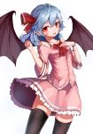  1girl bare_shoulders bat_wings black_legwear blue_hair blush bracelet buttons clenched_hand crucifix eyebrows_visible_through_hair fang hair_ribbon highres jewelry long_sleeves looking_at_viewer no_hat no_headwear open_mouth pink_skirt red_eyes remilia_scarlet ribbon short_hair simple_background skirt snozaki solo thigh-highs touhou white_background wings zettai_ryouiki 