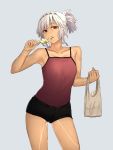  1girl altera_(fate) bag bare_shoulders black_shorts breasts cowboy_shot dark_skin eating fate/grand_order fate_(series) food full_body_tattoo hand_up headband holding holding_bag holding_food i-pan looking_at_viewer ponytail red_eyes red_tank_top short_hair shorts simple_background small_breasts solo tank_top tattoo white_hair 