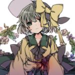  1girl black_hat blood character_name commentary_request crying crying_with_eyes_open dated flower frilled_shirt_collar frilled_sleeves frills green_eyes green_hair hat hat_ribbon komeiji_koishi long_sleeves purple_flower ribbon sato_imo shirt short_hair sleeves_past_wrists solo tears third_eye touhou white_background white_flower yellow_ribbon yellow_shirt 