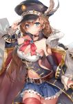  1girl bangs belt blue_eyes blush braid breasts brown_hair cleavage closed_eyes closed_mouth detached_collar detached_sleeves frills granblue_fantasy hat hat_feather jewelry lecia_(granblue_fantasy) long_hair looking_at_viewer medium_breasts miniskirt momoko_(momopoco) navel navel_cutout peaked_cap skirt solo standing 