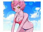 1girl :p ashido_mina bikini black_sclera blue_sky boku_no_hero_academia breasts cleavage collarbone eyebrows_visible_through_hair green_glasses horns leaning_forward looking_at_viewer medium_breasts navel orange_eyes outstretched_arms pink_hair pink_skin short_hair sky smile solo standing stomach swimsuit tongue tongue_out upper_body 