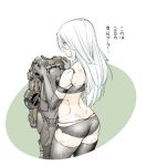  1girl android armlet armor black_gloves black_shorts bodysuit elbow_gloves formal from_behind gloves long_hair nier_(series) nier_automata robot_joints shinya_komi short_shorts shorts silver_hair suit tank_top thigh-highs thighs translation_request yorha_type_a_no._2 