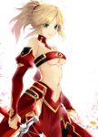  1girl annojou_haruto bandeau blonde_hair braid breasts clarent commentary_request cutoffs fate/apocrypha fate_(series) french_braid green_eyes hair_ornament hair_scrunchie highres holding holding_sword holding_weapon long_hair looking_at_viewer mordred_(fate) mordred_(fate)_(all) navel ponytail scrunchie smile solo surfboard sword under_boob weapon 