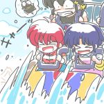  &gt;_&lt; 1boy 2girls bandanna chibi chinese_clothes dress hibiki_ryouga multiple_girls p-chan pink_dress ranma-chan ranma_1/2 roller_coaster saotome_ranma short_hair tendou_akane thought_bubble wantan-orz water 