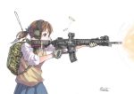  1girl assault_rifle backpack bag brown_hair firing gloves gun headset m4_carbine original ponytail rifle school_uniform solo tamusuguru weapon white_background 