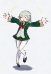  1girl agtt25333 bangs blonde_hair blush closed_eyes eyebrows_visible_through_hair fur-trimmed_sleeves fur_trim green_jacket green_sailor_collar green_skirt hair_between_eyes highres jacket kantai_collection long_sleeves mary_janes messy_hair neck_ribbon one_leg_raised open_mouth pantyhose pleated_skirt red_ribbon ribbon round_teeth sailor_collar school_uniform shadow shimushu_(kantai_collection) shoes short_hair simple_background skirt smile solo stretched_limb teeth white_background white_legwear 