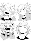  1girl :d ^_^ bags_under_eyes bangs blunt_bangs blush boku_no_hero_academia closed_eyes crazy_smile double_bun elbow_gloves expressions fangs gloves greyscale hair_bun half-closed_eyes hands_on_own_cheeks hands_on_own_face invisiblewanwano looking_at_viewer monochrome open_mouth sailor_collar sharp_teeth short_twintails simple_background sleeves_past_wrists smile solo_focus teeth toga_himiko twintails wavy_mouth white_background 