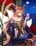  1girl animal_ears blue_legwear breasts cleavage closed_mouth collarbone detached_sleeves fate_(series) fox_ears fox_tail full_moon highres indoors japanese_clothes kimono large_breasts long_hair long_sleeves looking_at_viewer moon multiple_tails noes pink_hair sitting smile solo tail tamamo_(fate)_(all) tamamo_no_mae_(fate) water yellow_eyes 
