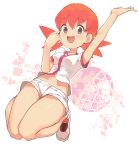  1girl :d akane_(pokemon) arm_up bangs bare_arms bare_legs blush breasts eyebrows eyebrows_visible_through_hair eyelashes full_body groin gym_leader hair_between_eyes highres jumping knees_together_feet_apart looking_at_viewer medium_breasts midriff navel nyonn24 open_mouth pink_eyes pink_hair pokemon pokemon_(game) pokemon_gsc shirt shoes short_hair short_shorts short_sleeves shorts smile solo stomach thighs twintails white_background white_footwear white_shirt white_shorts 