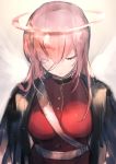  1girl bandage bandage_over_one_eye breasts closed_eyes fate/grand_order fate_(series) florence_nightingale_(fate/grand_order) hair_between_eyes halo jacket jacket_on_shoulders large_breasts looking_down maon_(vava0210) military military_uniform pink_hair strap uniform 