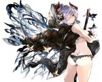  1girl animal ass bangs bare_shoulders black_cape black_gloves black_panties breasts bug butt_crack butterfly butterfly_hair_ornament cape closed_mouth commentary_request curled_horns draph fingerless_gloves gloves granblue_fantasy grey_eyes hair_ornament hair_over_one_eye highres horns insect katana large_breasts looking_at_viewer looking_back narmaya_(granblue_fantasy) panties pointy_ears purple_hair sheath sheathed side-tie_panties solo sword underwear venomrobo weapon white_background 