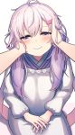  1girl amekaze_yukinatsu blush commentary_request hair_between_eyes hair_ornament hair_ribbon hairclip hands_on_another&#039;s_head highres long_sleeves low_twintails purple_hair ribbon short_hair_with_long_locks sitting smile tagme traditional_clothes twintails violet_eyes vocaloid voiceroid yuzuki_yukari 