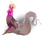  1girl antennae blonde_hair blue_eyes breasts closed_mouth gradient gradient_background gradient_skin grey_background highres looking_to_the_side monster monster_girl original pink_skin red_skin short_hair slugbox small_breasts solo teeth what white_background 