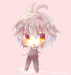 1boy :o antenna_hair bangs black_jacket black_pants blush brown_footwear brown_hair chibi collared_shirt commentary_request eyebrows_visible_through_hair fate/grand_order fate_(series) full_body hair_between_eyes jacket kouu_hiyoyo long_sleeves male_focus open_mouth pants pink_background red_eyes shirt sieg_(fate/apocrypha) sleeveless_jacket solo standing twitter_username white_shirt 