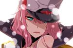  1girl :q darling_in_the_franxx green_eyes hat long_hair looking_at_viewer peaked_cap pink_hair simple_background solo tongue tongue_out upper_body wet white_background yamanami_kousuke zero_two_(darling_in_the_franxx) 