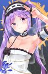  1girl arm_up armpits bangs bare_shoulders black_bow blue_background blush bow breasts choker cleavage closed_mouth collarbone commentary_request dress euryale eyebrows_visible_through_hair fate/hollow_ataraxia fate_(series) fingernails frilled_choker frilled_hairband frills hairband head_tilt highres long_hair looking_at_viewer purple_hair ribbon-trimmed_choker ribbon-trimmed_hairband ribbon_trim see-through simple_background siroimo0828 small_breasts solo strapless strapless_dress twintails upper_body very_long_hair violet_eyes white_choker white_dress white_hairband 